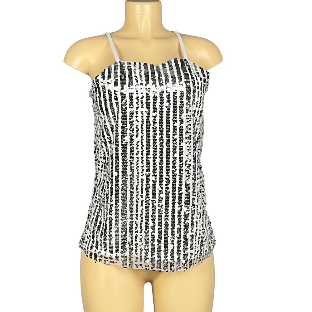 Sequin Striped Halter Tank Top Womens Medium White Silver Sparkle Party Disco